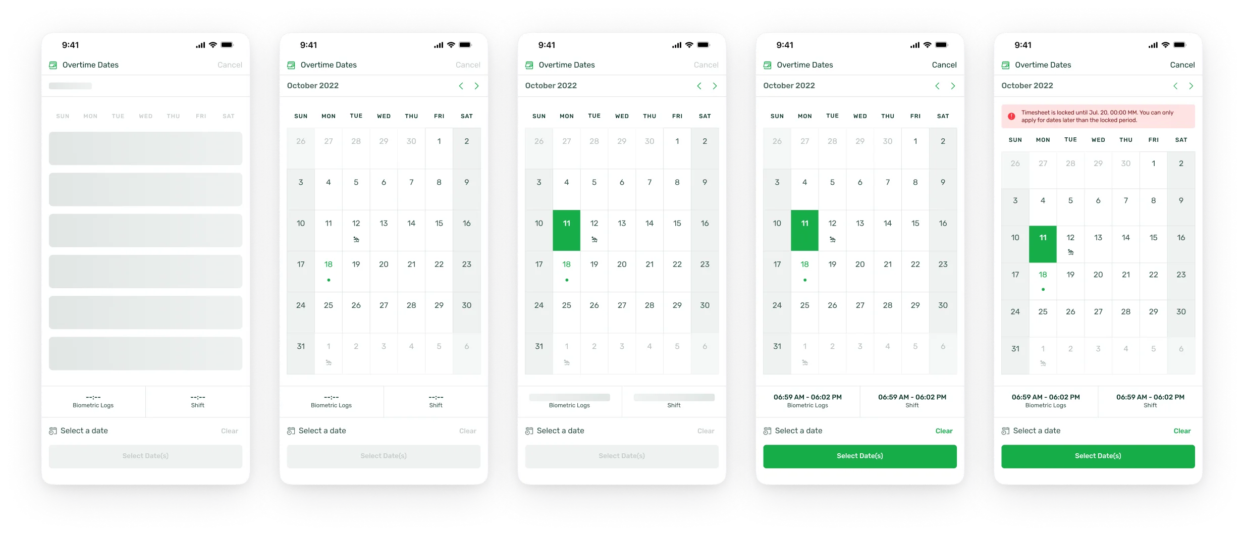 The calendar-aware date picker across its states: available days, biometric logs, a selected date with the time row, and a timesheet-locked warning.