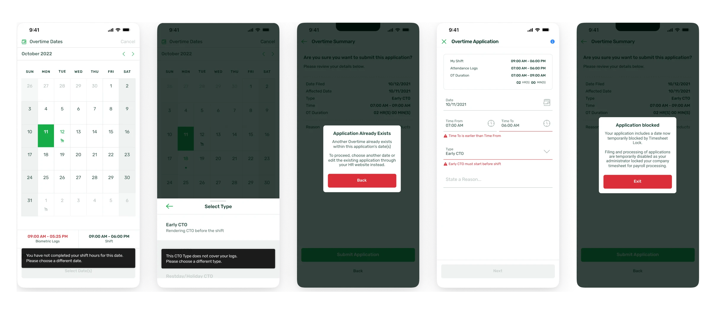 The flow's guard and error states: incomplete shift hours, a mismatched CTO type, inline time-validation errors, the “Application Already Exists” modal, and the “Application blocked” Timesheet Lock guard.