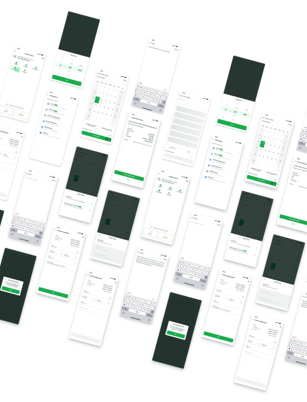 An isometric collage of the redesigned Compensatory Time Off screens in the Sprout mobile app.