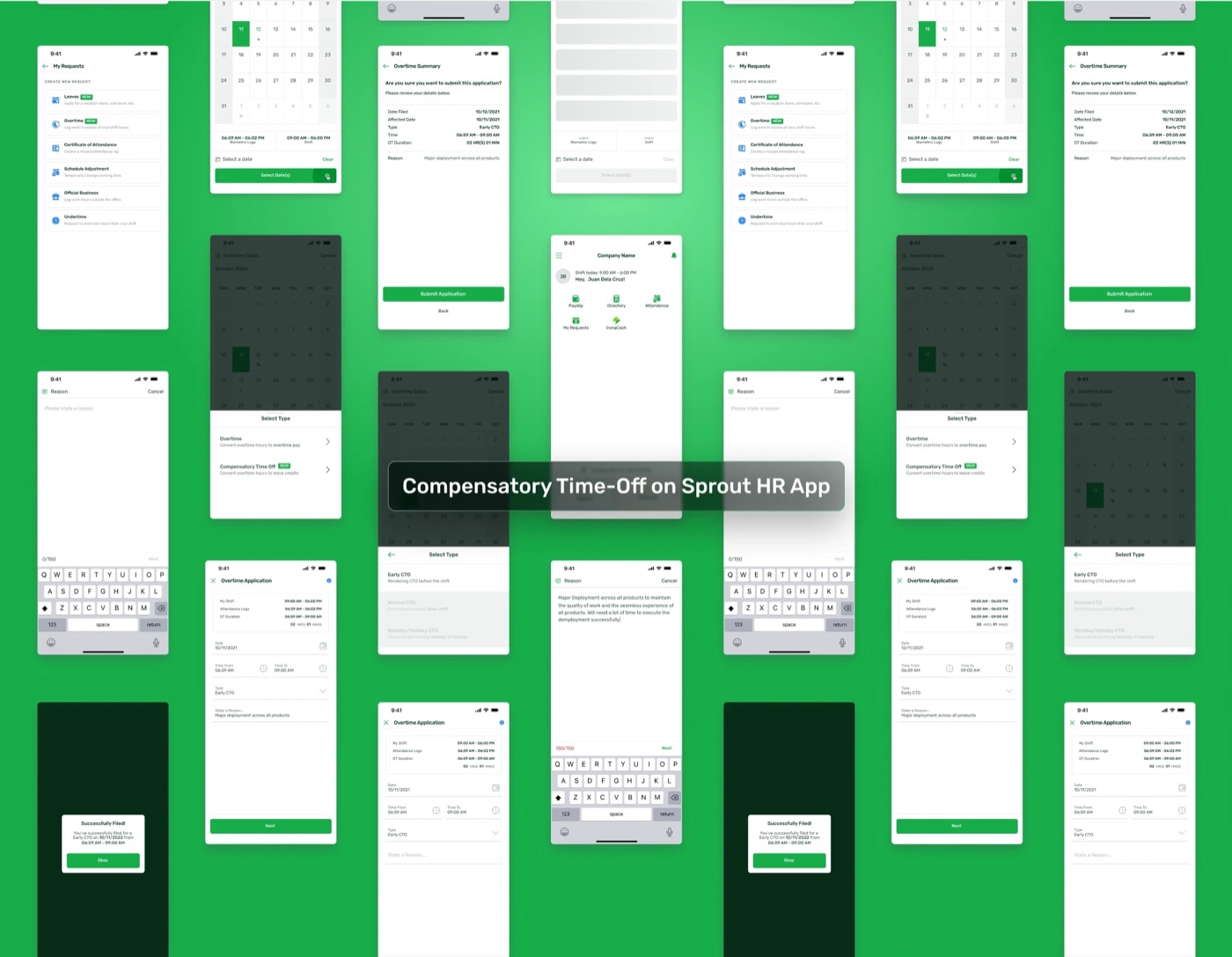 Phone row: overtime summary, inline errors, and an “Application Already Exists” modal.