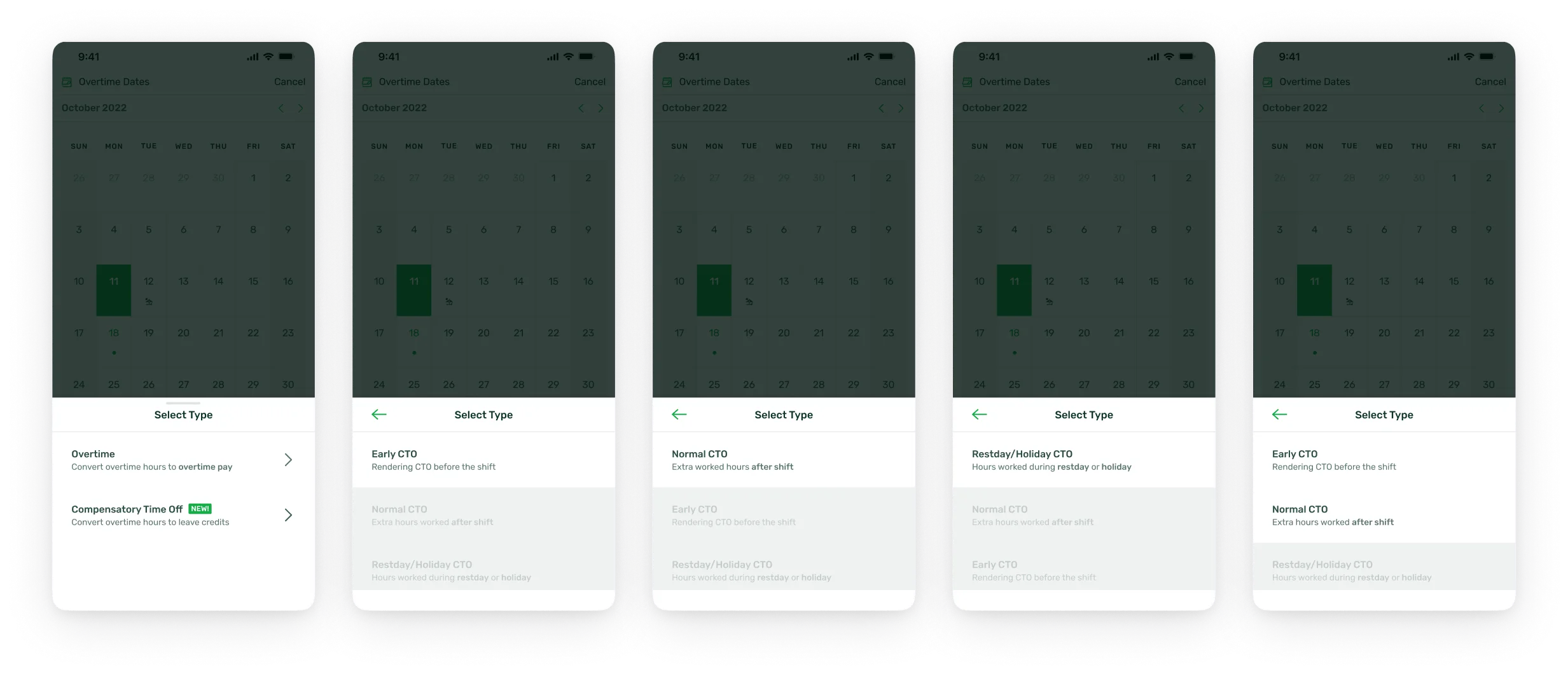 The type selector: Overtime versus Compensatory Time Off, then the Early, Normal, and Restday/Holiday CTO types, each with its rule and only the ones the logs support enabled.