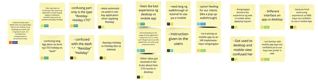 Affinity notes from the usability sessions: the Restday-Holiday CTO naming confusion, and the web-versus-mobile habit gap that drove the onboarding fix.