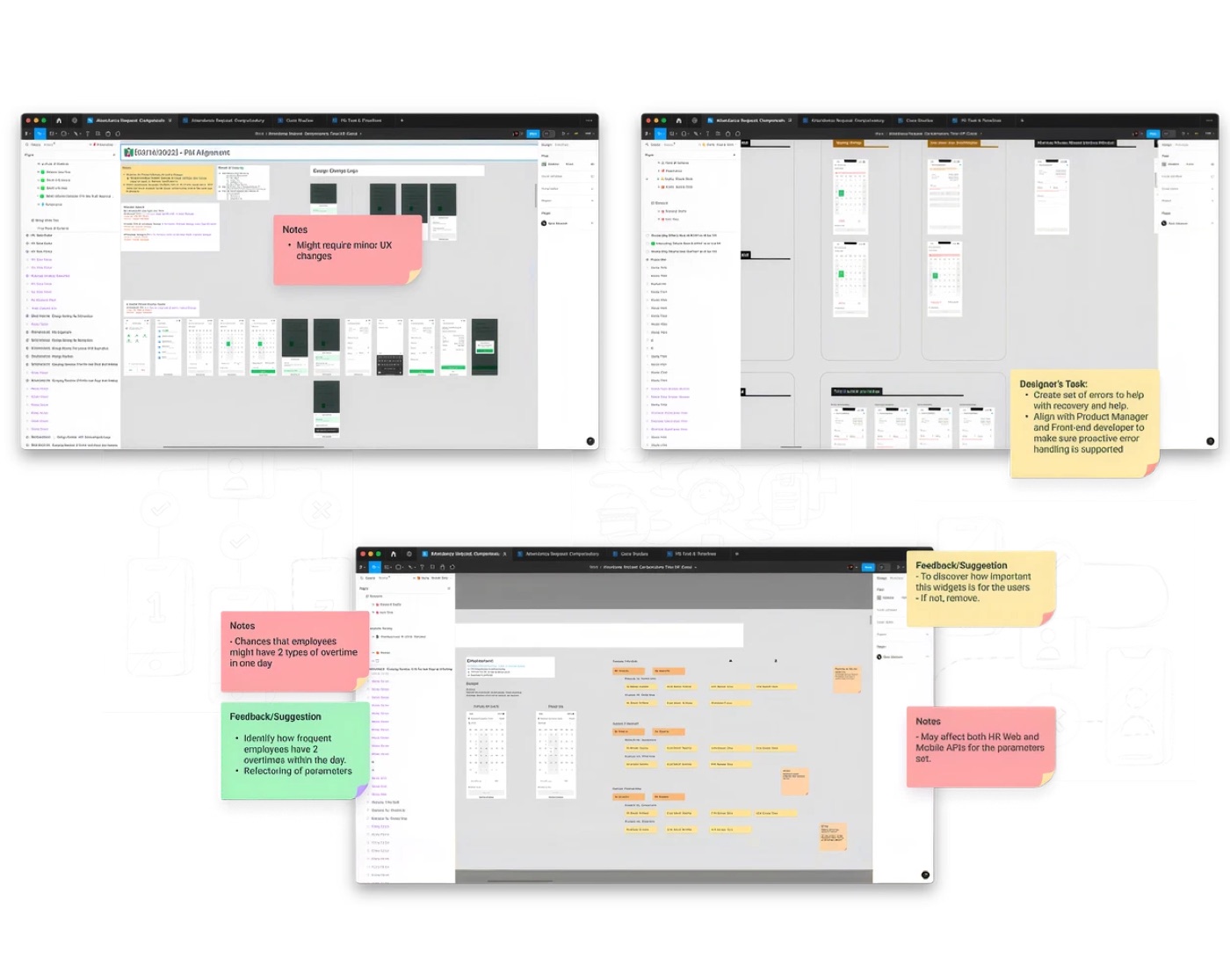 Annotated wireframe audit boards covered in sticky notes.