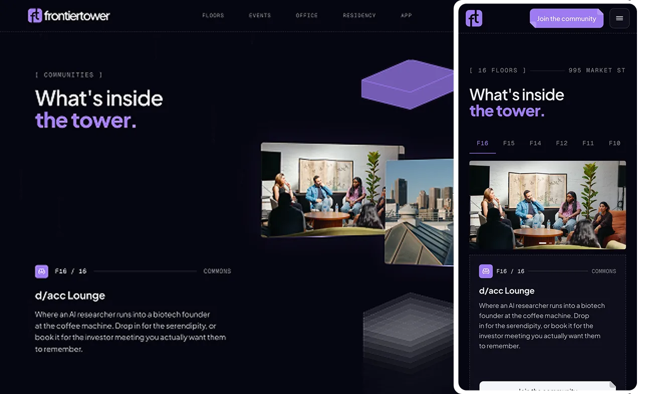 The tower set piece: the “What's inside the tower” floor browser, desktop and mobile.