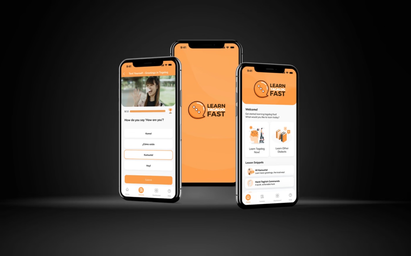Device mockups of the Learn Tagalog Fast mobile app in an isometric collage.