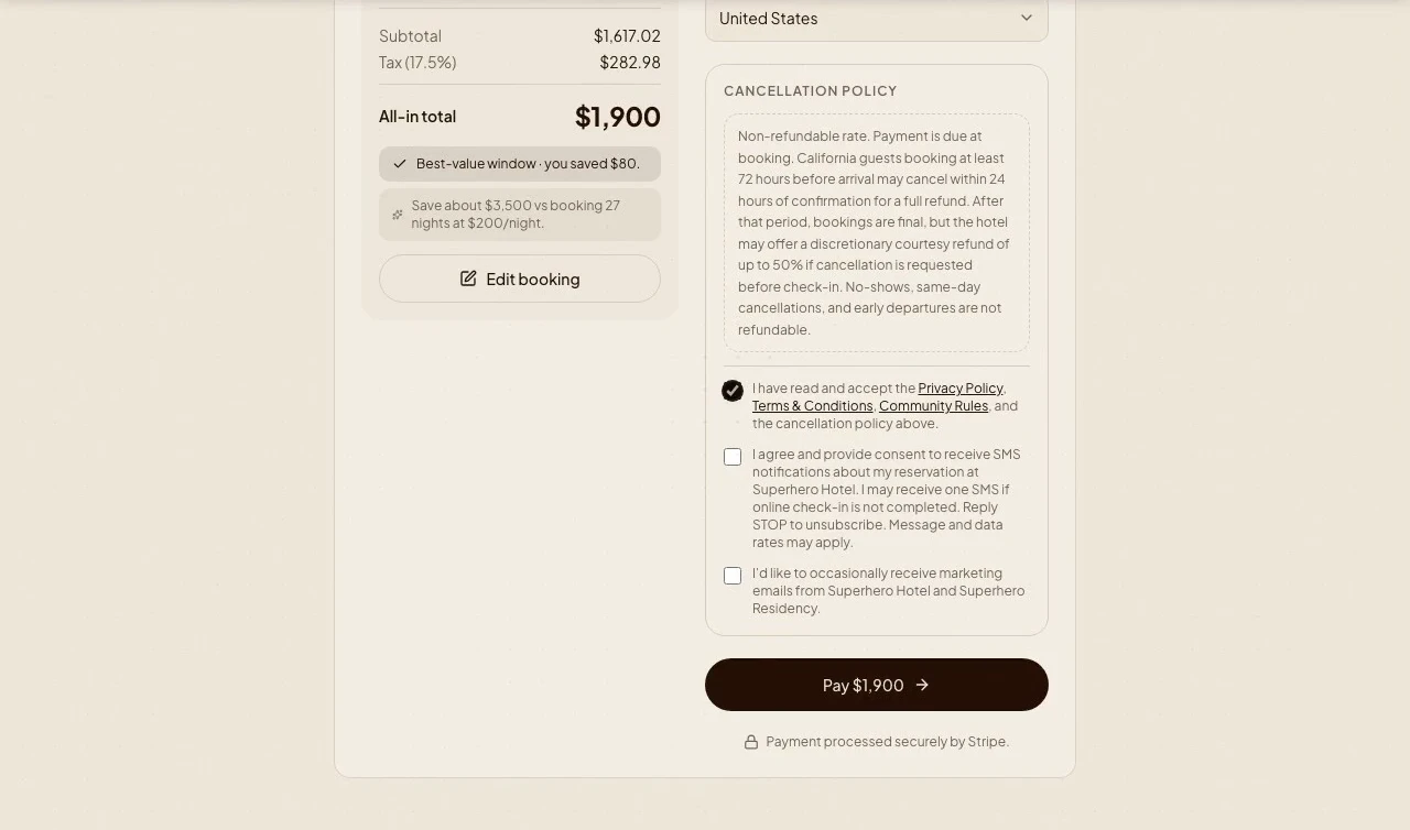 The payment step: the cancellation policy in its own dashed inset above the consent checkboxes and the Pay button, stating the non-refundable rate and the California carve-out in full, with the all-in total pinned in the summary beside it.