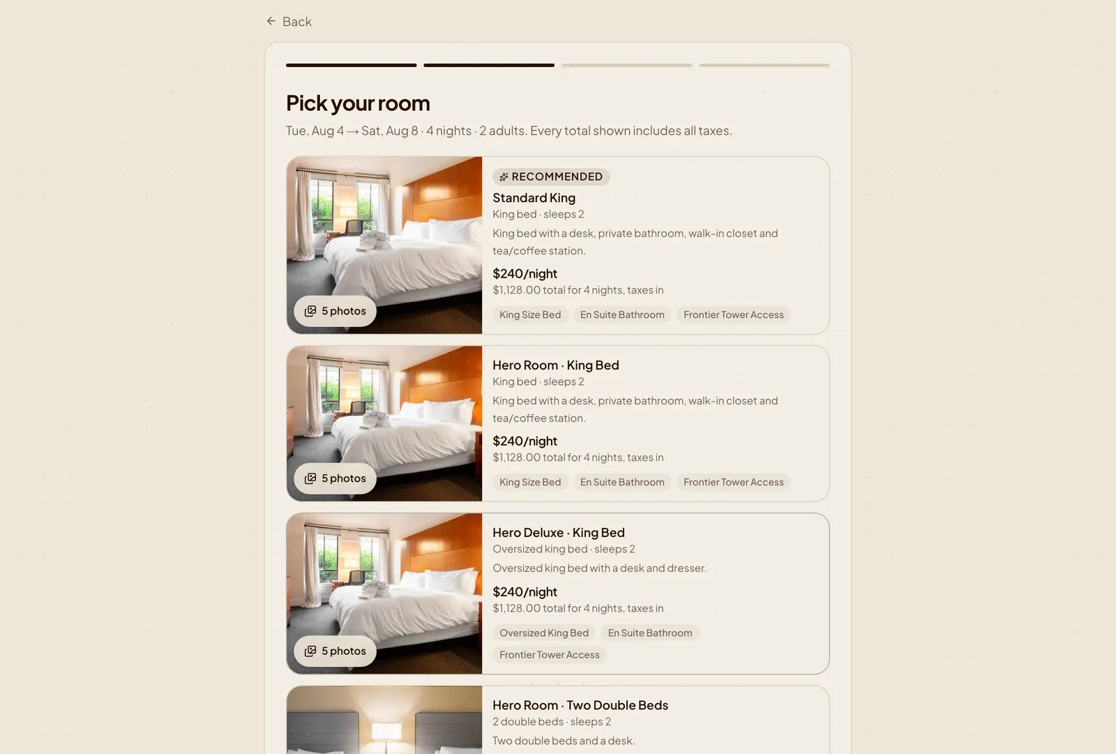 The Day-by-Day “Pick your room” step: rooms as full cards, price-sorted, the cheapest that fits wearing a Recommended badge, each with a photo gallery and amenity chips.