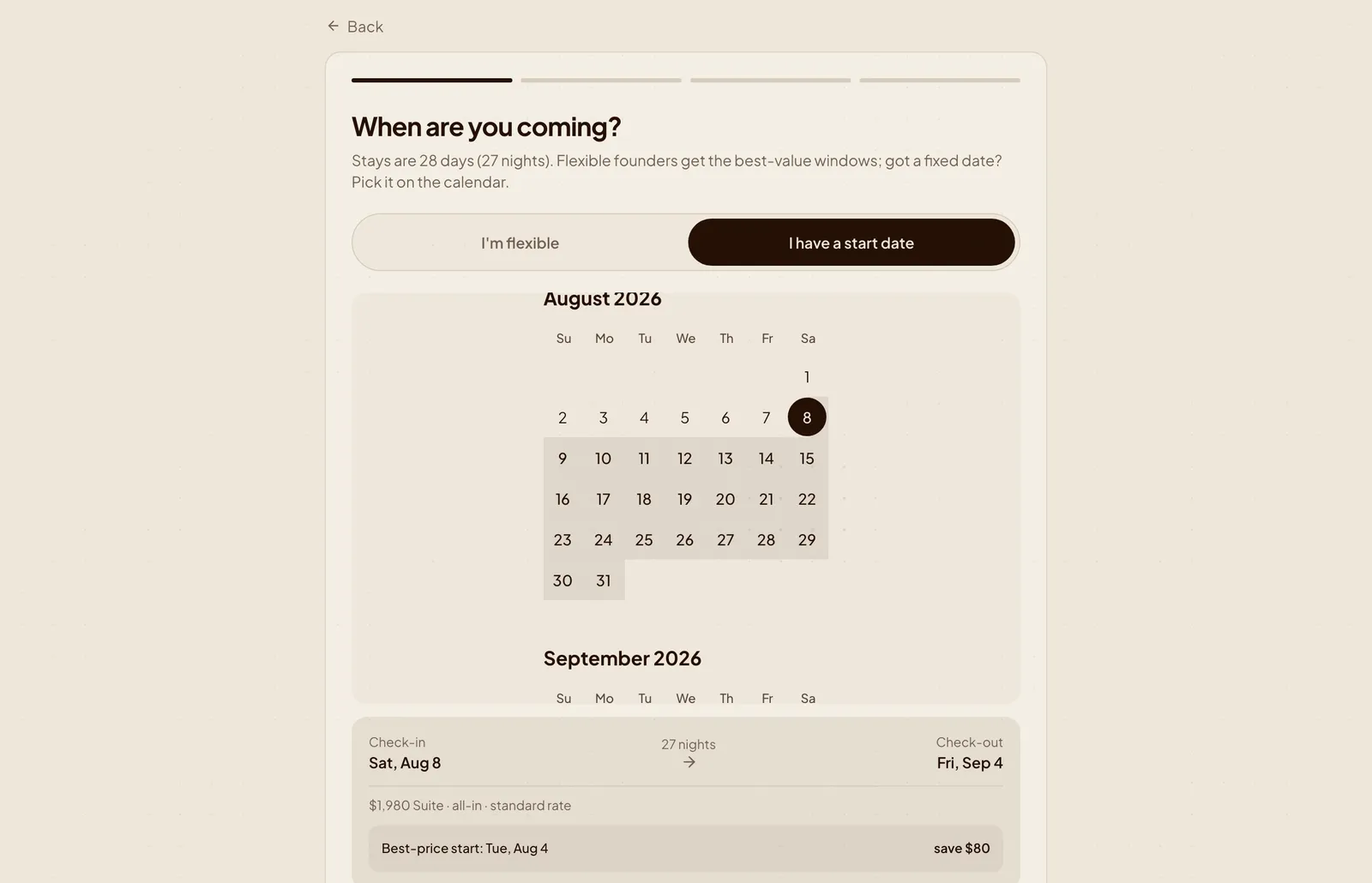 The exact-date tab with a suboptimal start selected: the 28-day range shades across the August to September boundary on the continuous calendar, check-in and checkout pinned in the summary, which shows the standard rate and its real uplift with a one-tap “Best-price start, save $80” row offering the nearest optimal date.