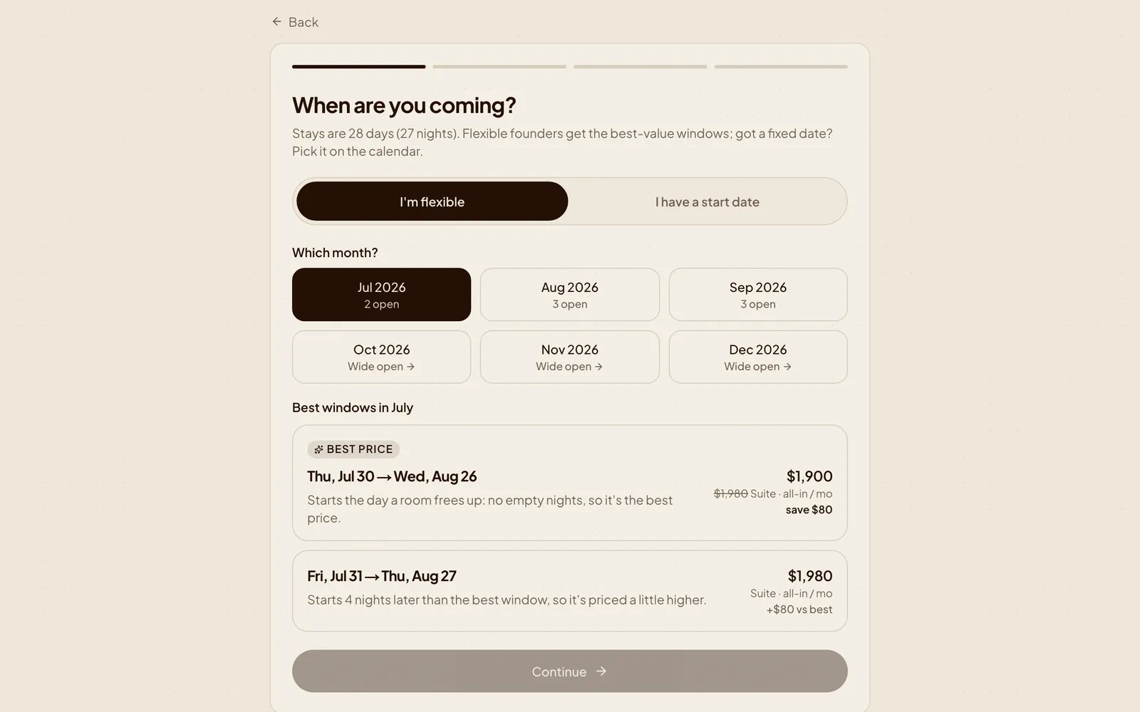 The 4-Week Stay opening step: month-first chips, then the best gap-free windows for July, a BEST PRICE badge on the cheapest with its anchor struck through and “save $80”, and the next window reading “+$80 vs best” with the reason written beside it.