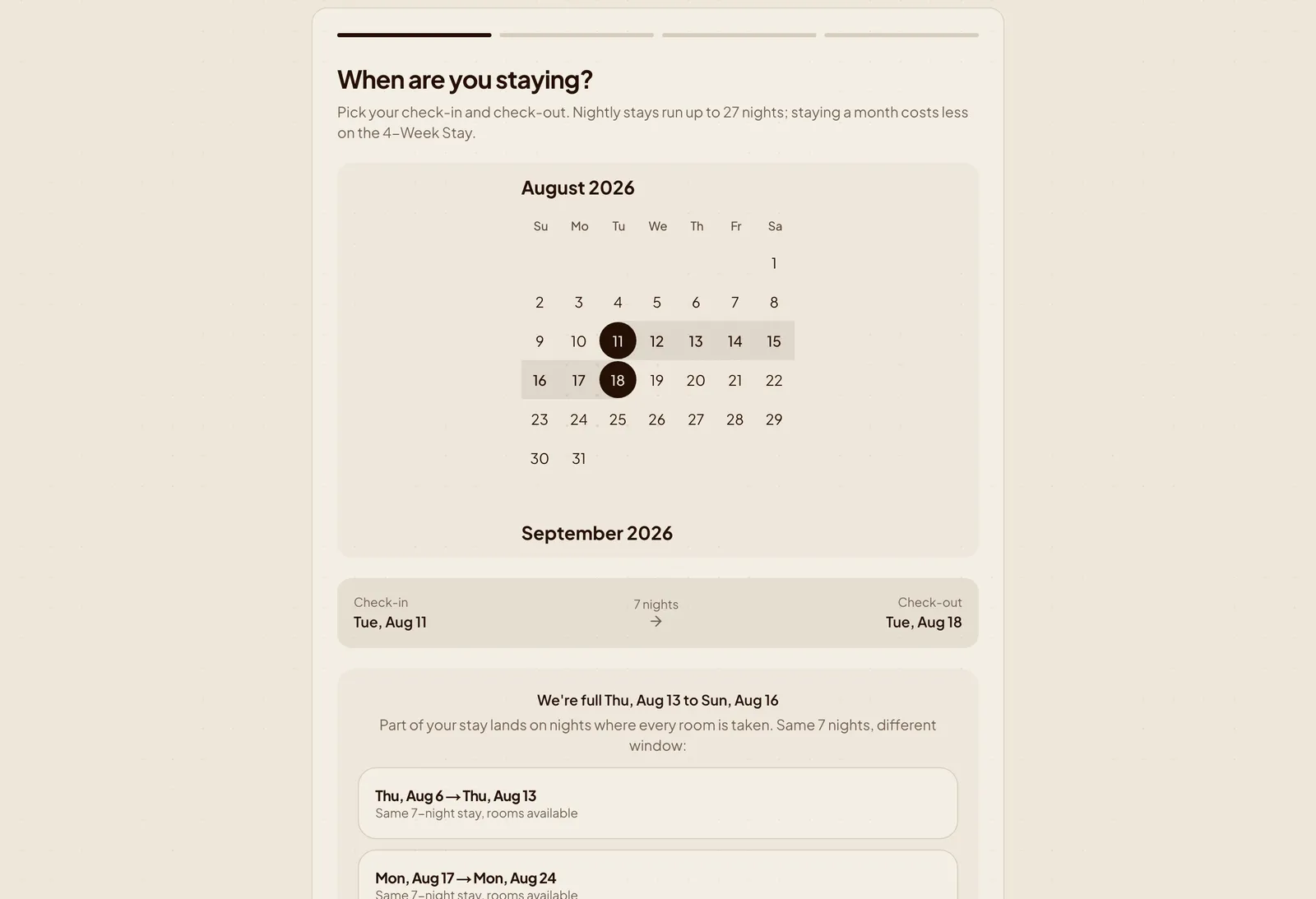 The “We're full for these dates” card, caught at date selection: two same-length alternative windows on either side, each one tap to apply, with WhatsApp and email as the human fallback.